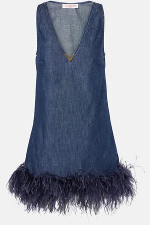 VALENTINO Feather-trimmed denim minidress