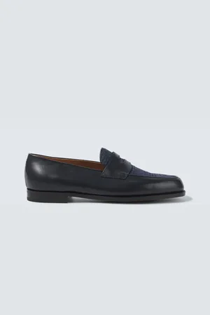 JOHN LOBB Lopez leather and denim penny loafers