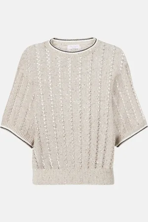 Brunello Cucinelli Sequined open-knit linen-blend top