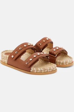 VALENTINO GARAVANI Rockstud leather and raffia slides