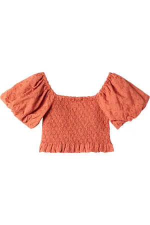 Rylee + Cru Trixie embroidered shirred cotton top