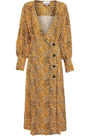 Ganni Vestido midi de crepé de leopardo
