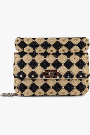 VALENTINO GARAVANI Rockstud embroidered rafia shoulder bag - - gender_Woman