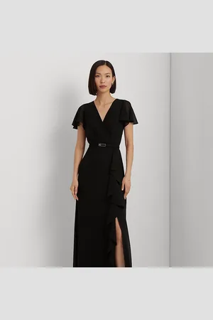 Ralph Lauren Belted Georgette Flutter-Sleeve Gown