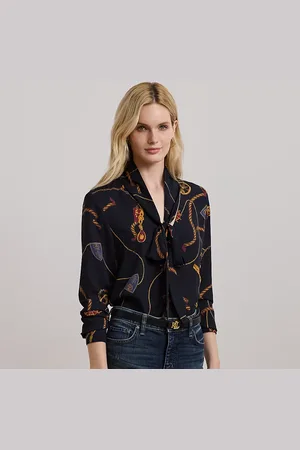 Ralph Lauren Belting-Print Georgette Tie-Neck Blouse