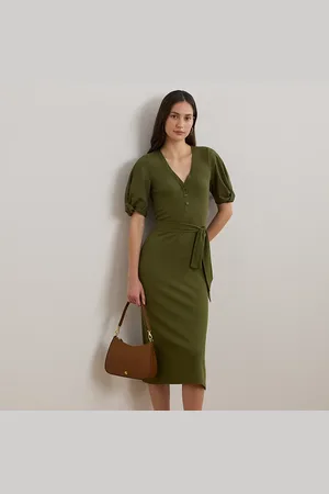 Ralph Lauren Belted Rib-Knit Puff-Sleeve Dress
