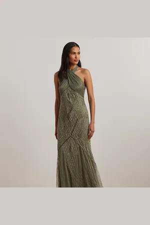 Ralph Lauren Beaded Mesh Sleeveless Halter Gown