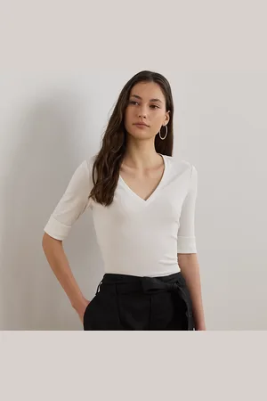 Ralph Lauren Stretch Cotton Elbow-Sleeve V-Neck Tee