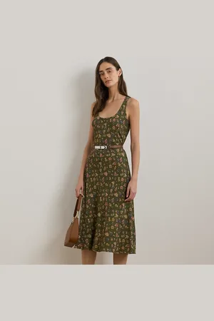 Ralph Lauren Floral Belted Crepe Sleeveless Dress