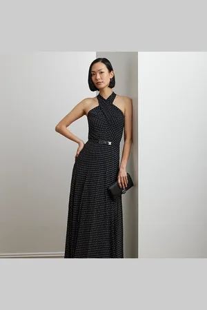 Ralph Lauren Polka-Dot Belted Georgette Halter Gown