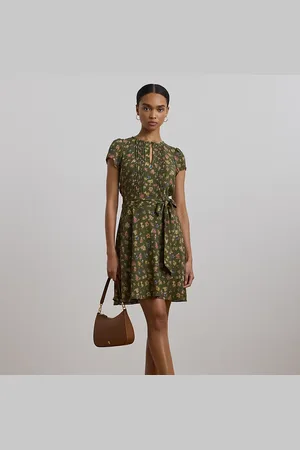 Ralph Lauren Floral Belted Georgette Pintucked Dress
