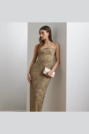 Ralph Lauren Palm-Frond-Motif Beaded Mesh Gown
