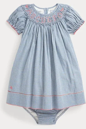 Ralph Lauren Embroidered Plaid Cotton Dress & Bloomer