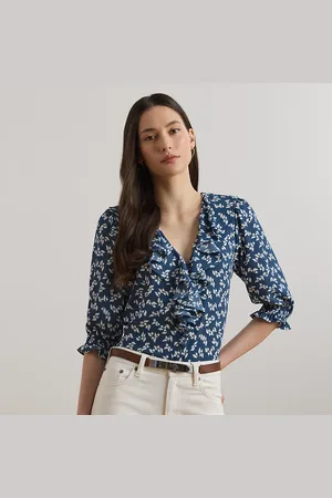 Ralph Lauren Floral Bubble Crepe Ruffle-Trim Blouse