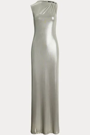 Ralph Lauren Buckle-Trim Metallic Sleeveless Gown