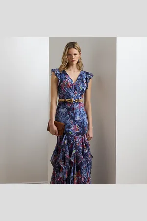 Ralph Lauren Print Ruffle-Trim Crinkle Georgette Gown
