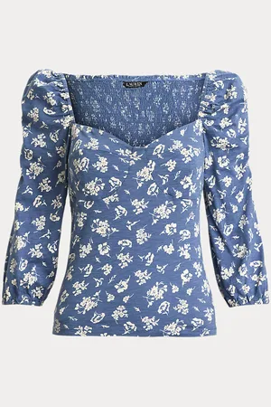Ralph Lauren Floral Slub Jersey Puff-Sleeve Top