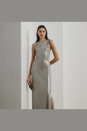 Ralph Lauren Buckle-Trim Metallic Sleeveless Gown