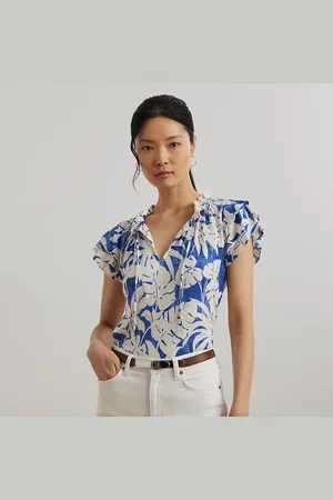 Ralph Lauren Palm-Frond-Print Jersey Tie-Neck Top