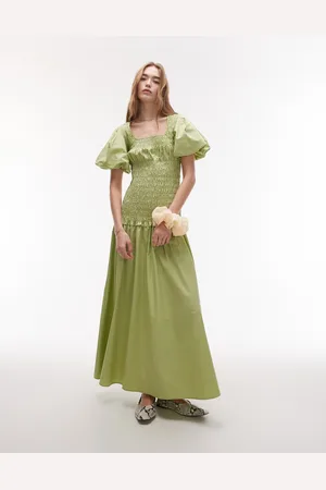 Topshop Puff Sleeve Square Neck Shirred Midi Dress