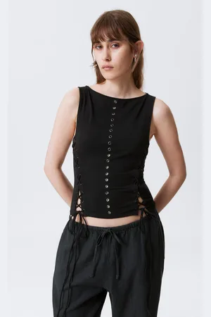 Weekday Sleeveless Lacing Boat-Neck Eyelet Top